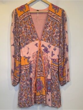 Free People Mixin’ It Up Mini Dress Boho Floral Tie Waist Pink Orange M